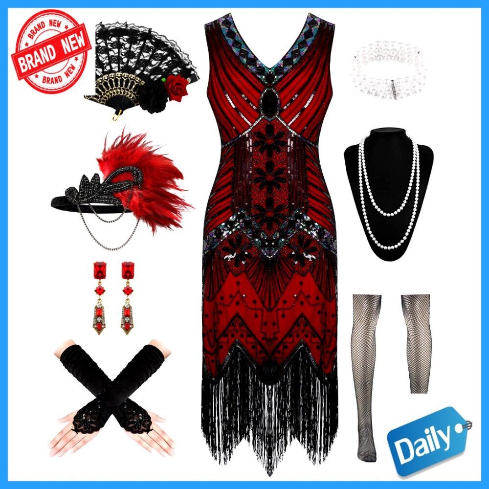 Vintage 1920s Flapper Dress Set with Accessories for Costume Parties